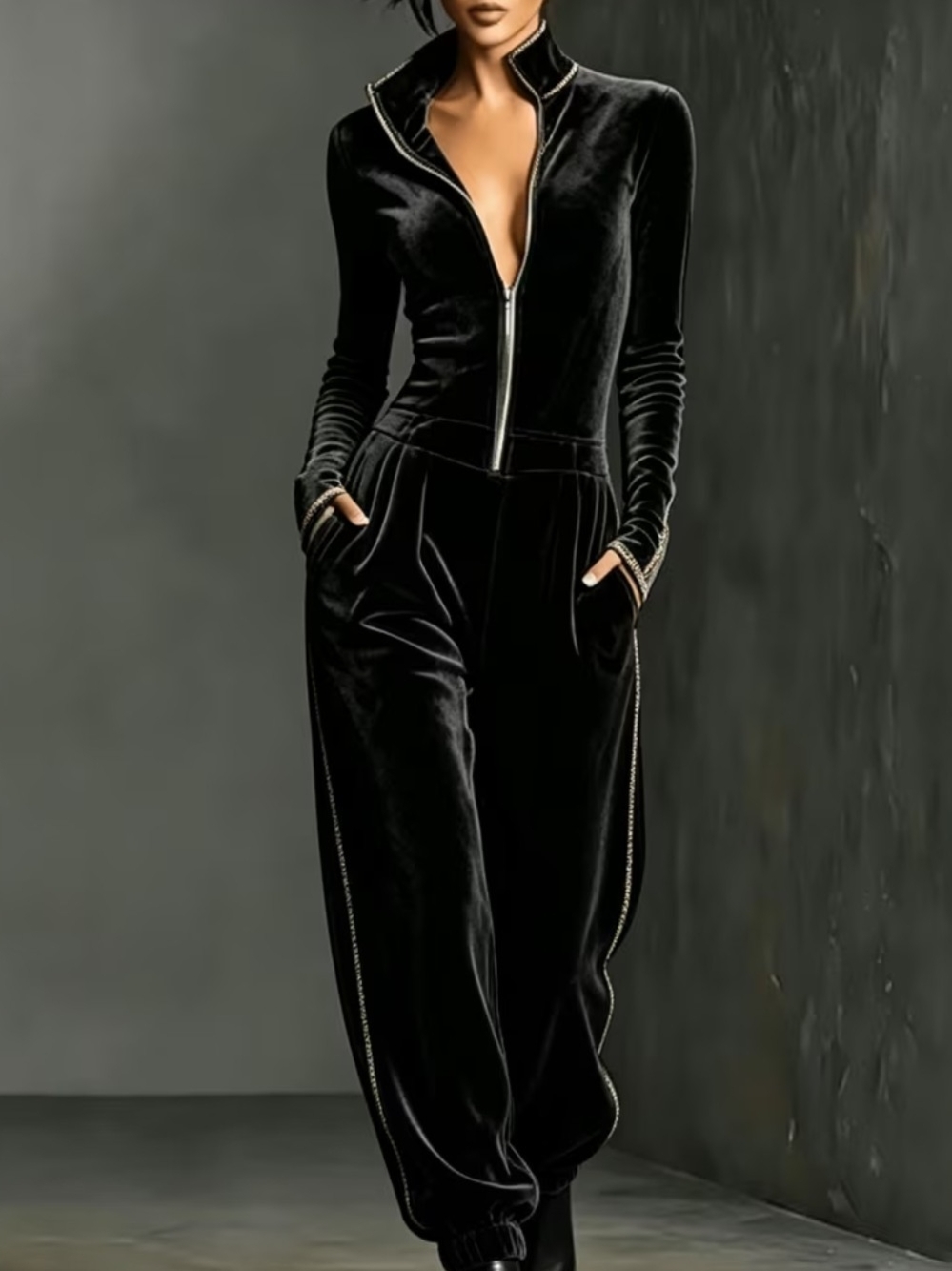 Black Velvet Zip-Front Jumpsuit